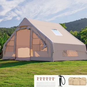Inflatable tent camping, 4-6 person hand pump inflatable tent, with skylight and double door waterproof oxford cloth with chim